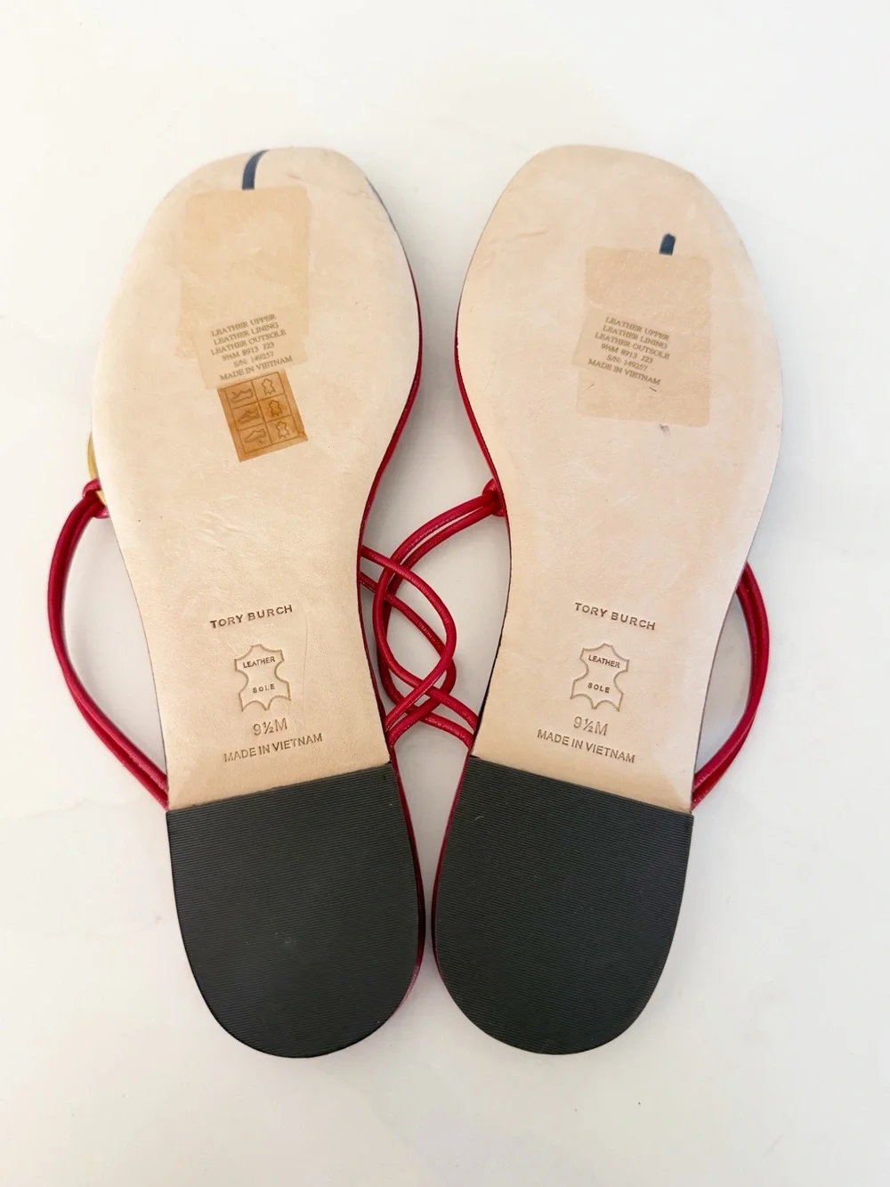 Tory Burch Patos Leather Flat Sandal Red Gold Medallion Sz 9.5 MSRP $238 NEW